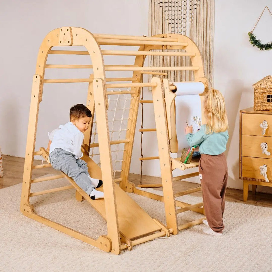 8in1 Indoor Spielplatz: Klettergerüst mit Kletternetz, Rutsche, Gymnastikringe, Hängende Leiter, Disc - Schaukel, Maltafel und Kinderstuhl – Beige - Goodevas Schweiz