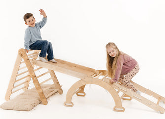 4-in-1 Montessori-Klimrek: Driehoek Ladder + Klimboog + Glijbaan + Kussen Beige