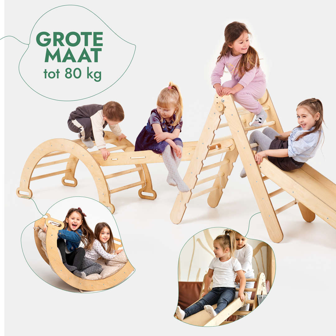 4-in-1 Montessori klimrek set: klimdriehoek met glijbaan, klimboog, klimnet – Gebruikt – als nieuw