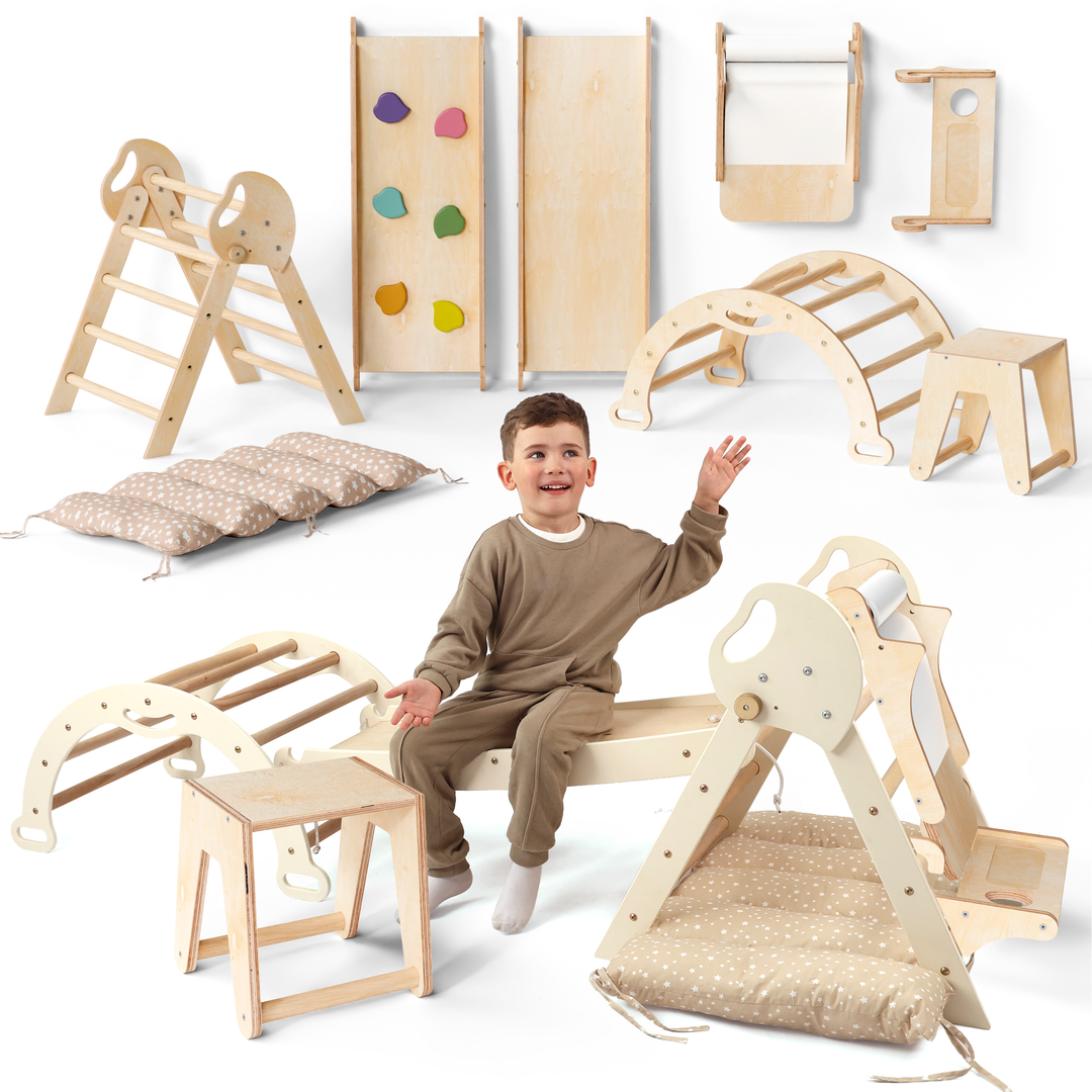 Montessori 4in1 Kletterdreieck für Babys: Pikler-Dreieck, Kletterbogen, Rutschbrett und Kissen für Kleinkinder (1–3 Jahre)