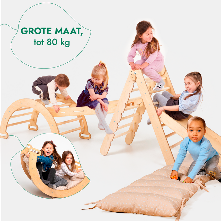 5-in-1 Montessori-Klimrek Set: Driehoek Ladder + Klimboog/Schommelstoel + Glijbaan/Helling + Touwennet + Kussen