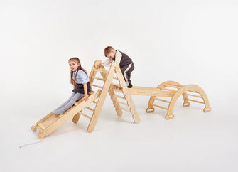 4-in-1 Montessori-Klimrek: Driehoek Ladder + Klimboog + Glijbaan + Kussen Beige