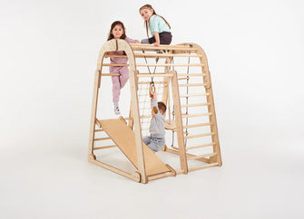 Houten Binnenspeeltuin voor kinderen – 6-in-1 Speeltuin + Schommel set + Glijbaan