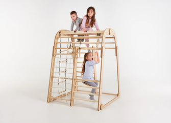 Houten Binnenspeeltuin voor kinderen – 6-in-1 Speeltuin + Schommel set + Glijbaan