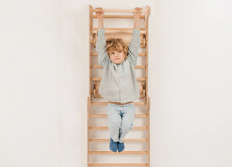 6-in-1 Houten Zweedse Wand-/Klimladder voor Kinderen + Schommel Set + Glijbaan