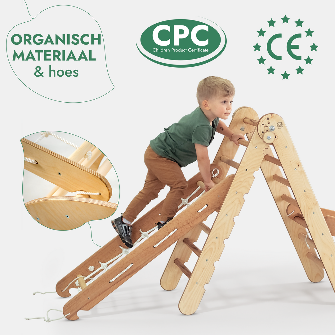 4-in-1 Montessori-klimrekset: Driehoek Ladder + Boog/Schommelstoel + Glijbaan/Helling + Touwennet