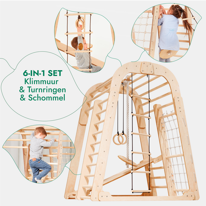 Houten Binnenspeeltuin voor kinderen – 6-in-1 Speeltuin + Schommel set + Glijbaan