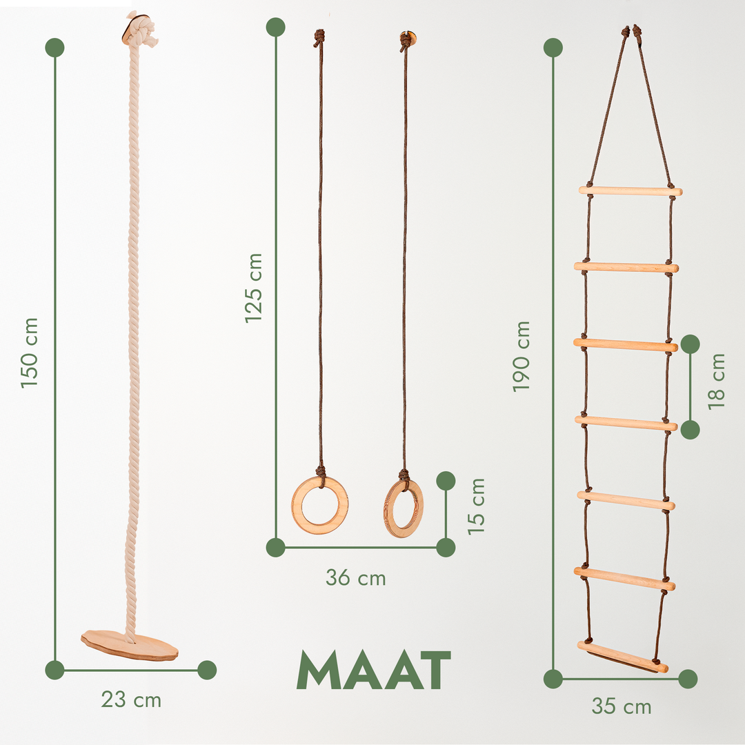 3-in-1 Schommel set: Touwladder + Gymnastiekringen + Schotelschommel