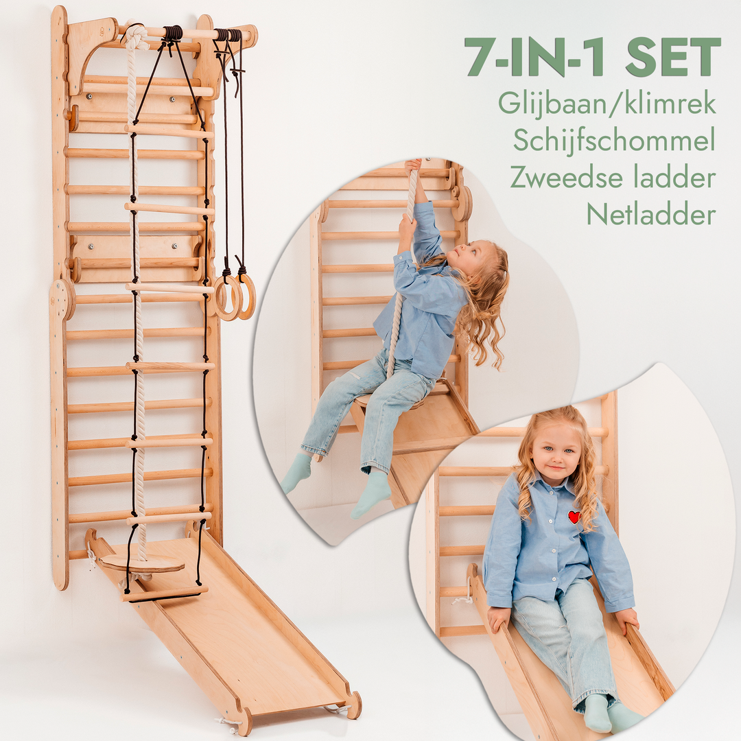 4-in-1 Houten Zweedse Wand-/Klimladder voor Kinderen + Schommel Set + Glijbaan + Kunsttoevoeging