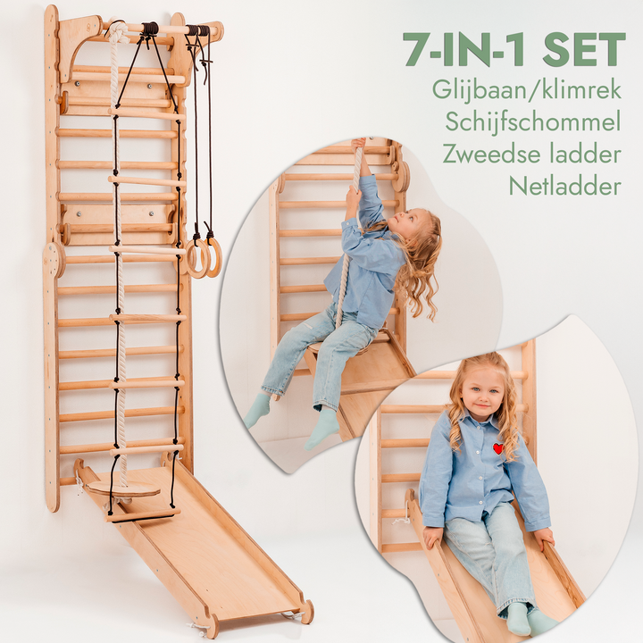 4-in-1 Houten Zweedse Wand-/Klimladder voor Kinderen + Schommel Set + Glijbaan + Kunsttoevoeging