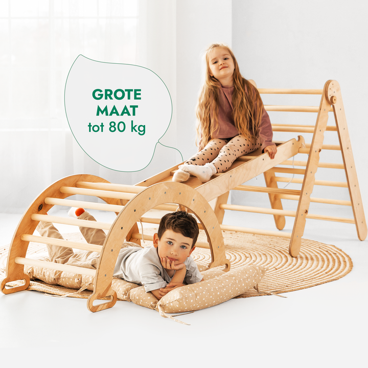 4-in-1 Montessori-Klimrek: Driehoek Ladder + Klimboog + Glijbaan + Kussen Beige