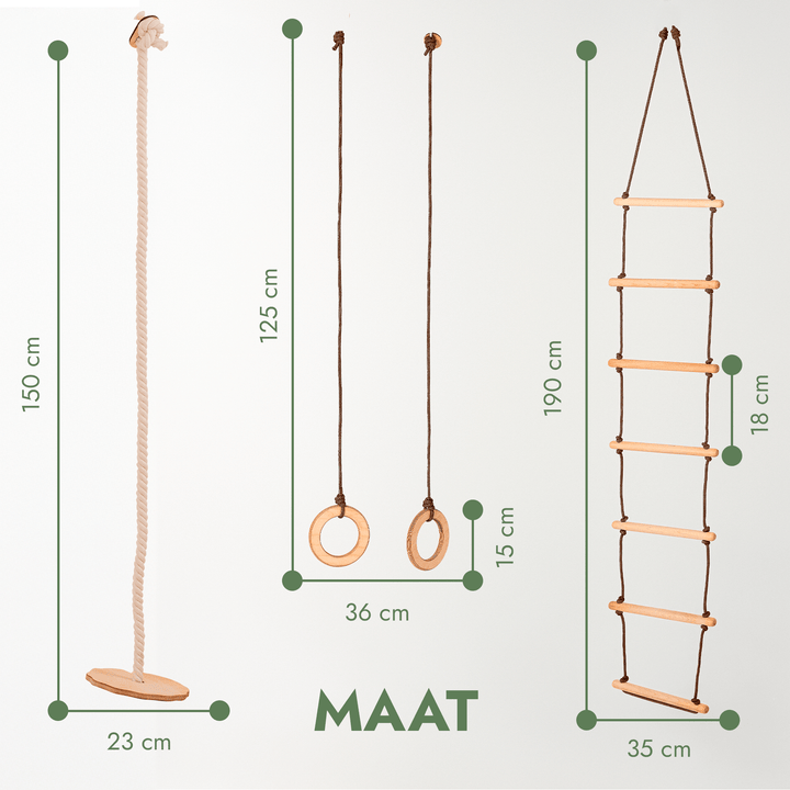3 - in - 1 Schommel set: Touwladder + Gymnastiekringen + Schotelschommel - Goodevas NL