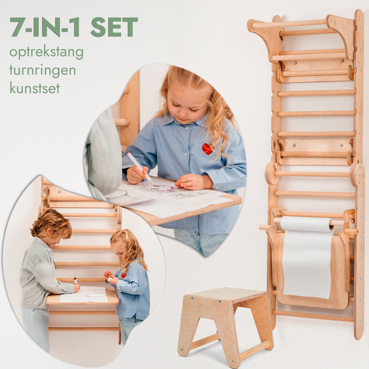 4-in-1 Houten Zweedse Wand-/Klimladder voor Kinderen + Schommel Set + Glijbaan + Kunsttoevoeging