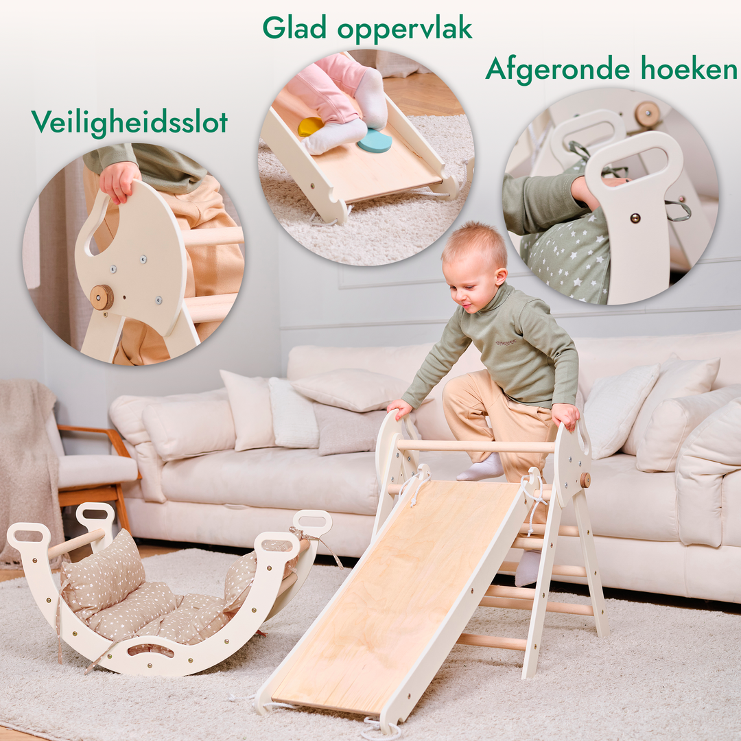 4-in-1 Klimset voor Peuters: Driehoek Ladder + Klimboog + Glijbaan + Kussen (1-3 jaar)