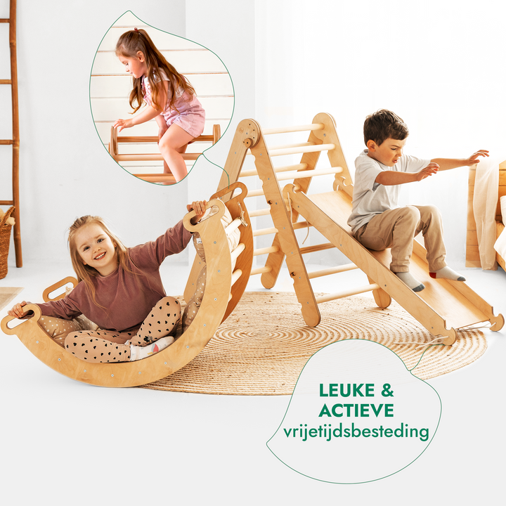 4-in-1 Montessori-Klimrek: Driehoek Ladder + Klimboog + Glijbaan + Kussen Beige