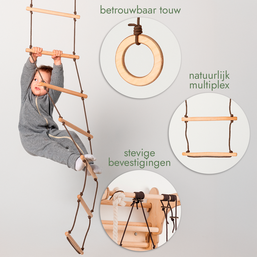 3-in-1 Schommel set: Touwladder + Gymnastiekringen + Schotelschommel