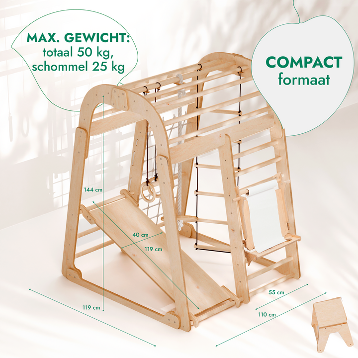 Houten Binnenspeeltuin voor kinderen – 7-in-1 Speeltuin + Schommel set + Glijbaan + Kunsttoevoeging