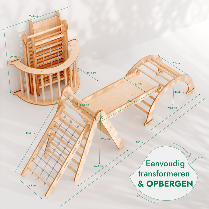 4-in-1 Montessori klimrek set: klimdriehoek met glijbaan, klimboog, klimnet – Gebruikt – als nieuw