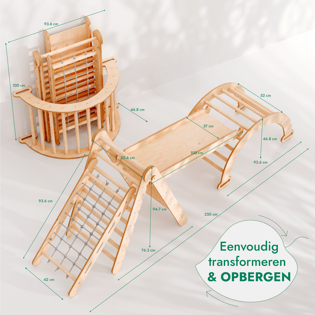 4-in-1 Montessori-klimrekset: Driehoek Ladder + Boog/Schommelstoel + Glijbaan/Helling + Touwennet