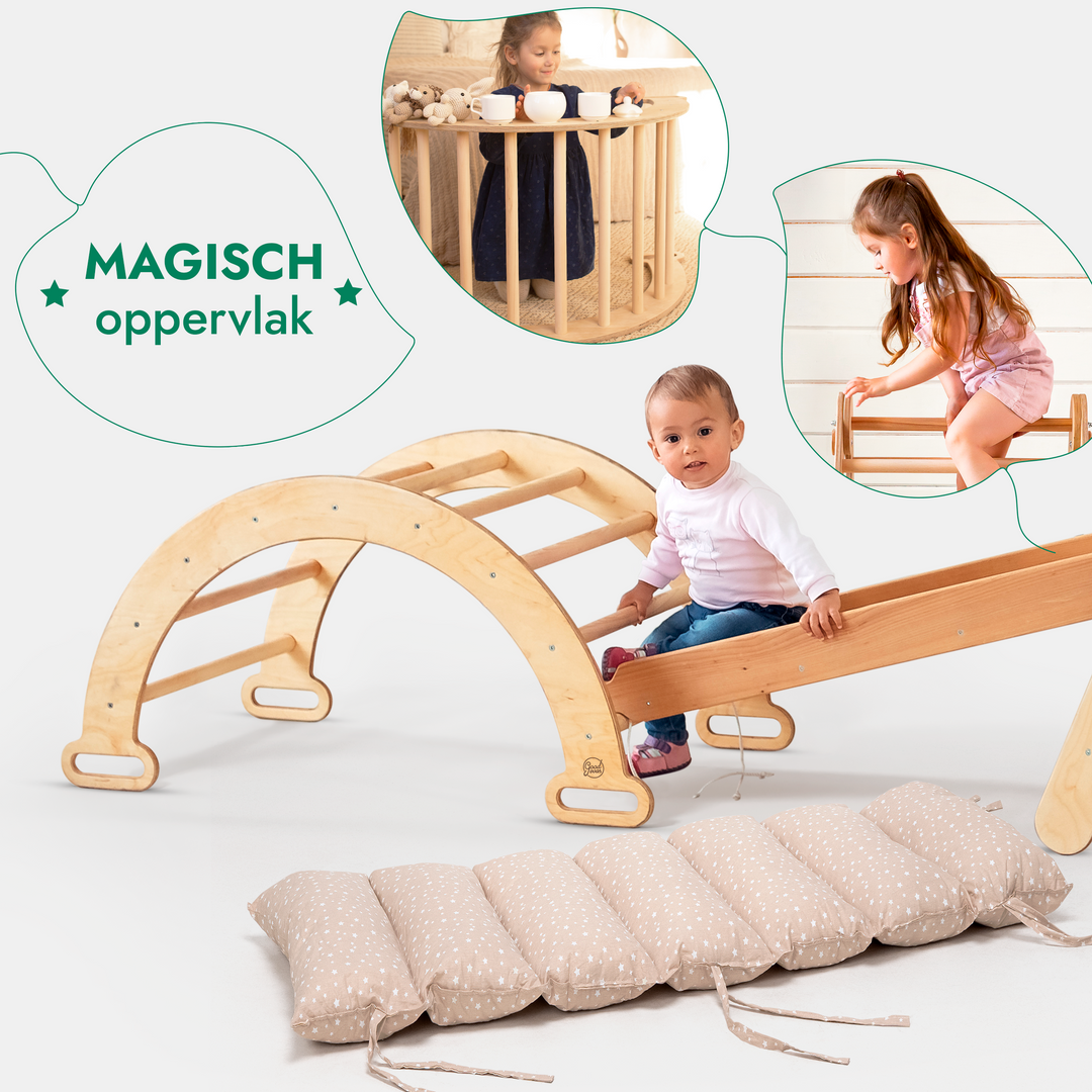 5-in-1 Montessori-Klimrek Set: Driehoek Ladder + Klimboog/Schommelstoel + Glijbaan/Helling + Touwennet + Kussen