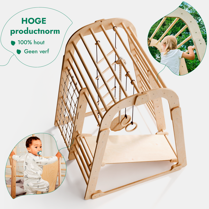 Houten Binnenspeeltuin voor kinderen – 6-in-1 Speeltuin + Schommel set + Glijbaan