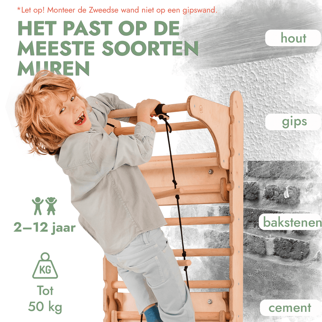 4 - in - 1 Houten Zweedse Wand - /Klimladder voor Kinderen + Schommel Set + Glijbaan + Kunsttoevoeging - Goodevas NL