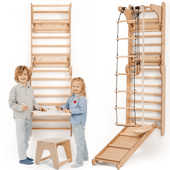 4 - in - 1 Houten Zweedse Wand - /Klimladder voor Kinderen + Schommel Set + Glijbaan + Kunsttoevoeging - Goodevas NL