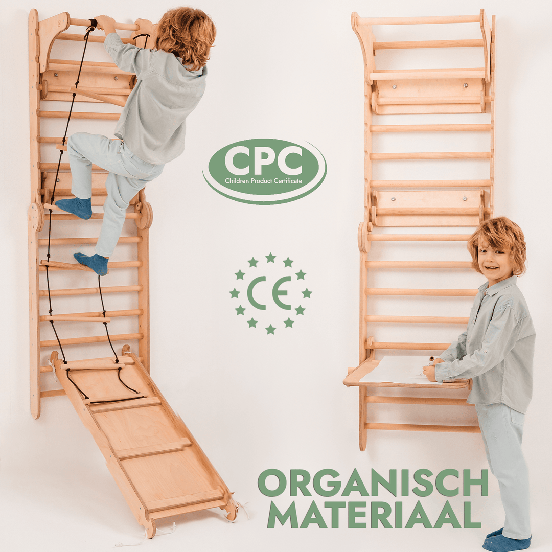 4 - in - 1 Houten Zweedse Wand - /Klimladder voor Kinderen + Schommel Set + Glijbaan + Kunsttoevoeging - Goodevas NL