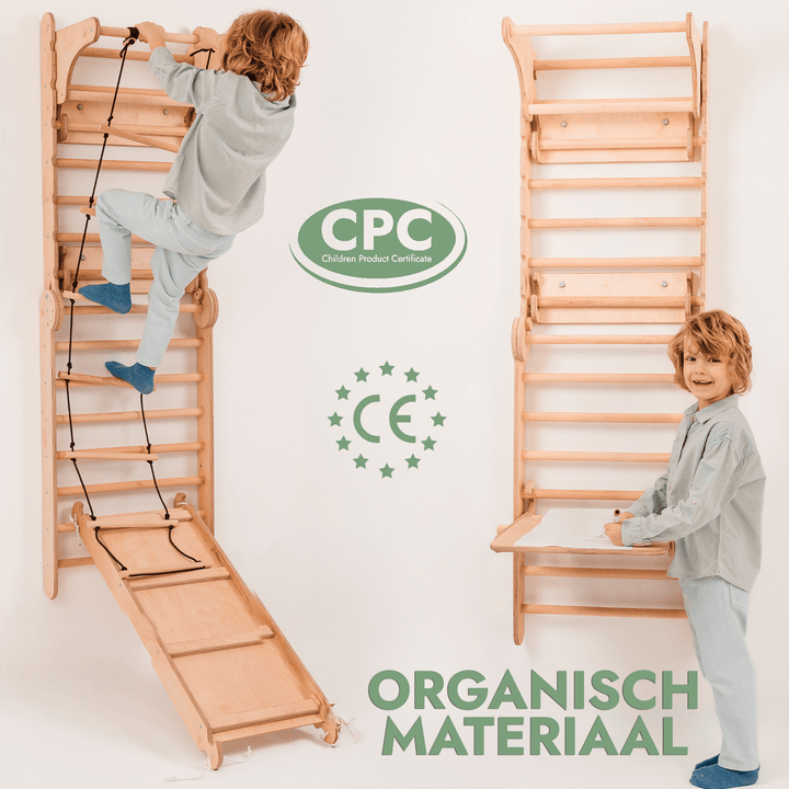4 - in - 1 Houten Zweedse Wand - /Klimladder voor Kinderen + Schommel Set + Glijbaan + Kunsttoevoeging - Goodevas NL