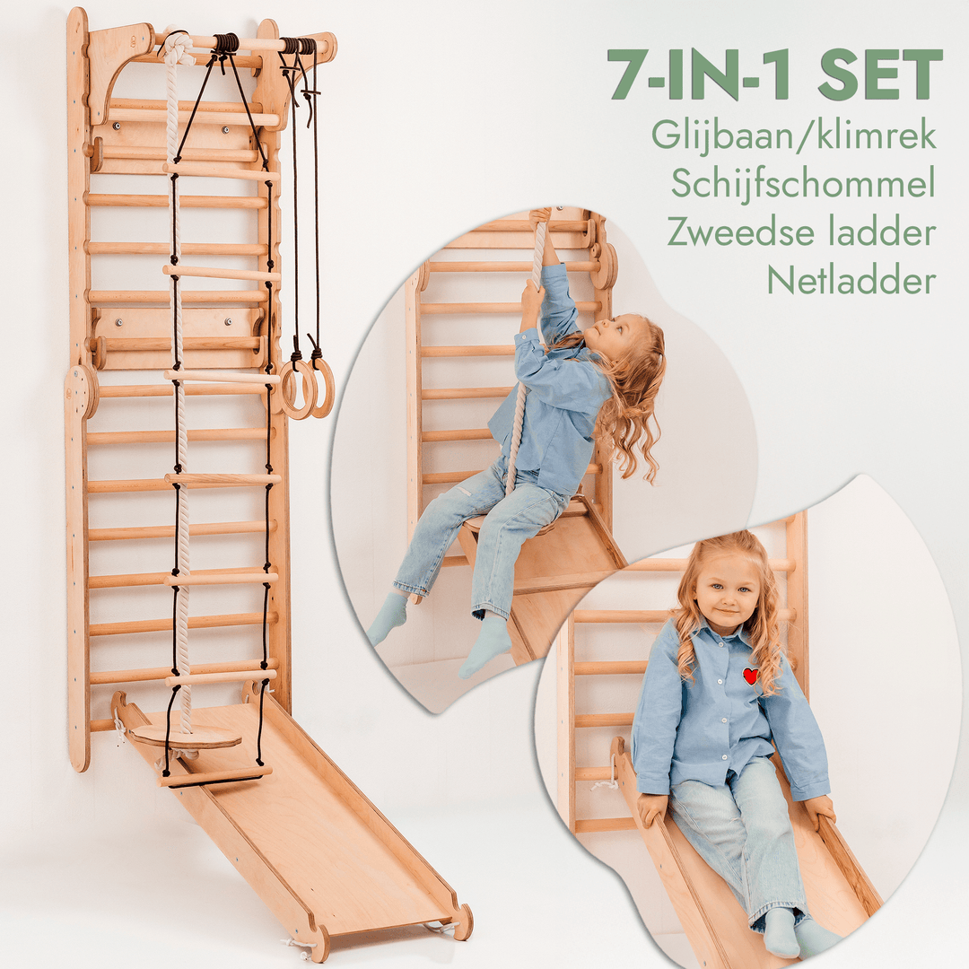 4 - in - 1 Houten Zweedse Wand - /Klimladder voor Kinderen + Schommel Set + Glijbaan + Kunsttoevoeging - Goodevas NL