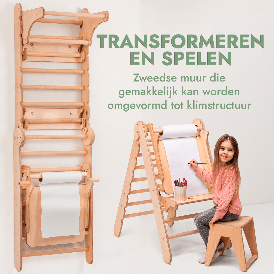4 - in - 1 Houten Zweedse Wand - /Klimladder voor Kinderen + Schommel Set + Glijbaan + Kunsttoevoeging - Goodevas NL