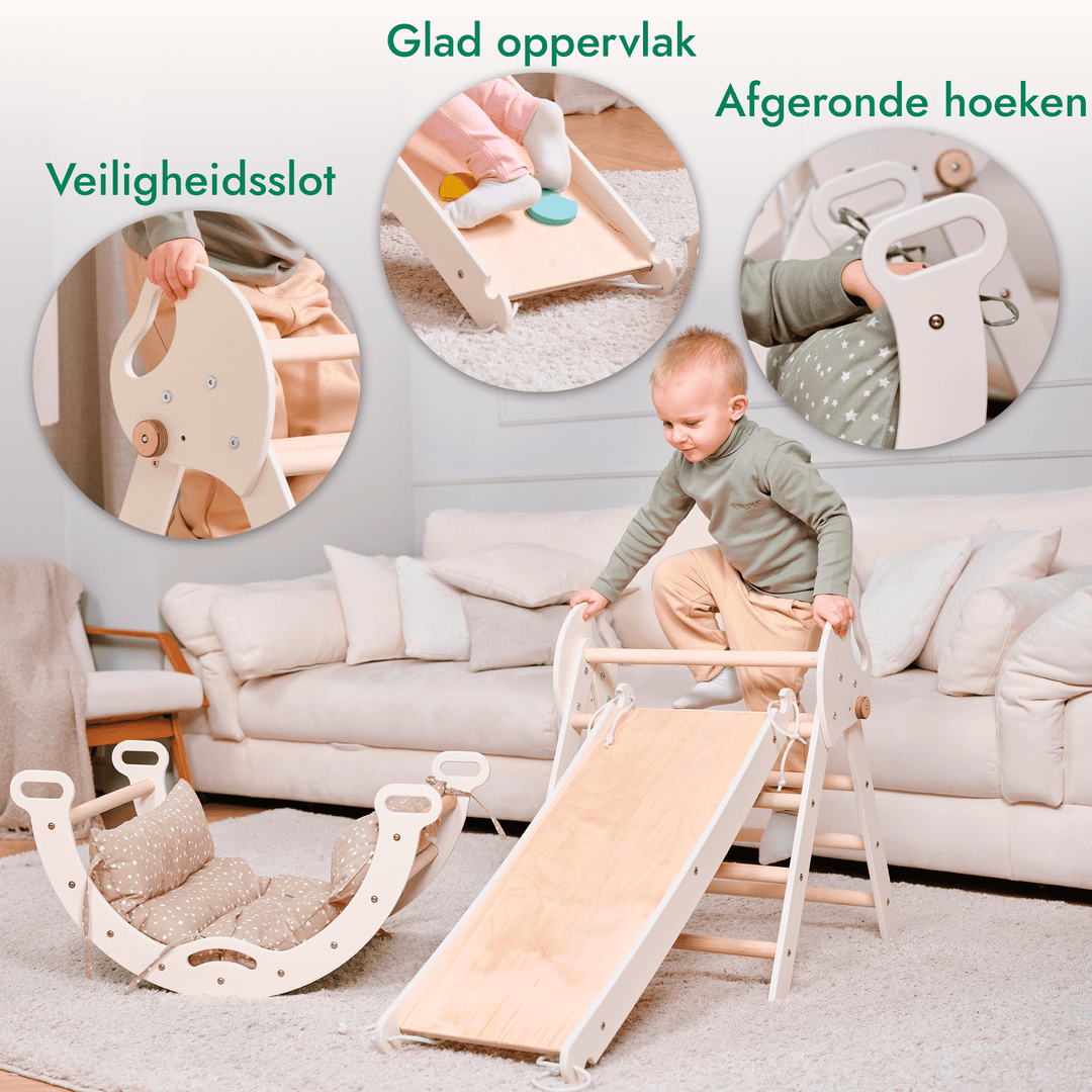 Costway Klimrek, 4-in-1, klimdriehoek met glijbaan, houten klimrek, driehoek met sporten om te glijden en te klimmen, voor kinderen vanaf 1 jaar, wit Costway Klimrek, 4-in-1, klimdriehoek met glijbaan, houten klimrek, driehoek met sporten om te glijden en te klimmen, voor kinderen vanaf 1 jaar, wit