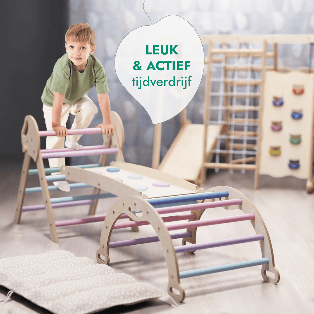 4 - in - 1 Klimset voor Peuters: Driehoek Ladder + Klimboog + Glijbaan + Kussen (1 - 3 jaar) - Pastel - Goodevas NL