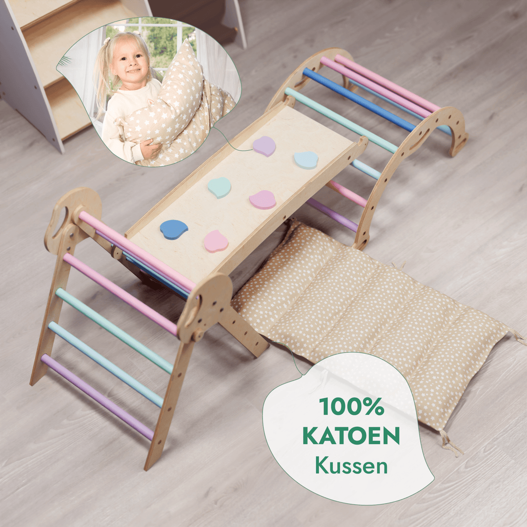 4 - in - 1 Klimset voor Peuters: Driehoek Ladder + Klimboog + Glijbaan + Kussen (1 - 3 jaar) - Pastel - Goodevas NL
