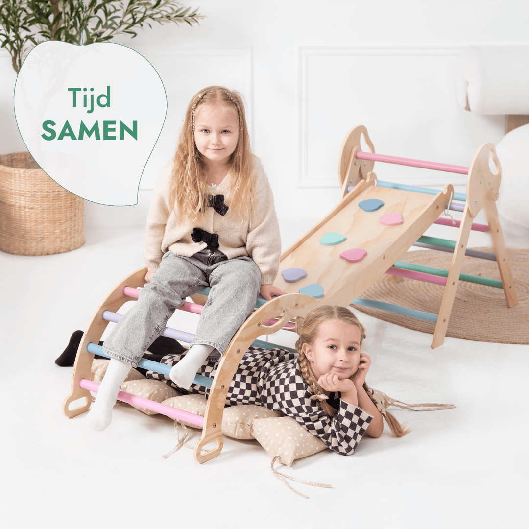 4 - in - 1 Klimset voor Peuters: Driehoek Ladder + Klimboog + Glijbaan + Kussen (1 - 3 jaar) - Pastel - Goodevas NL