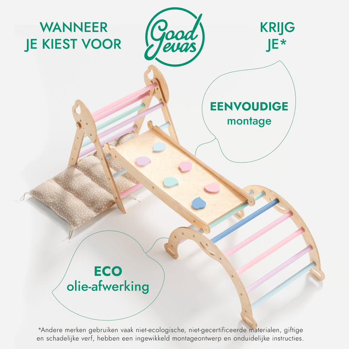 4 - in - 1 Klimset voor Peuters: Driehoek Ladder + Klimboog + Glijbaan + Kussen (1 - 3 jaar) - Pastel - Goodevas NL
