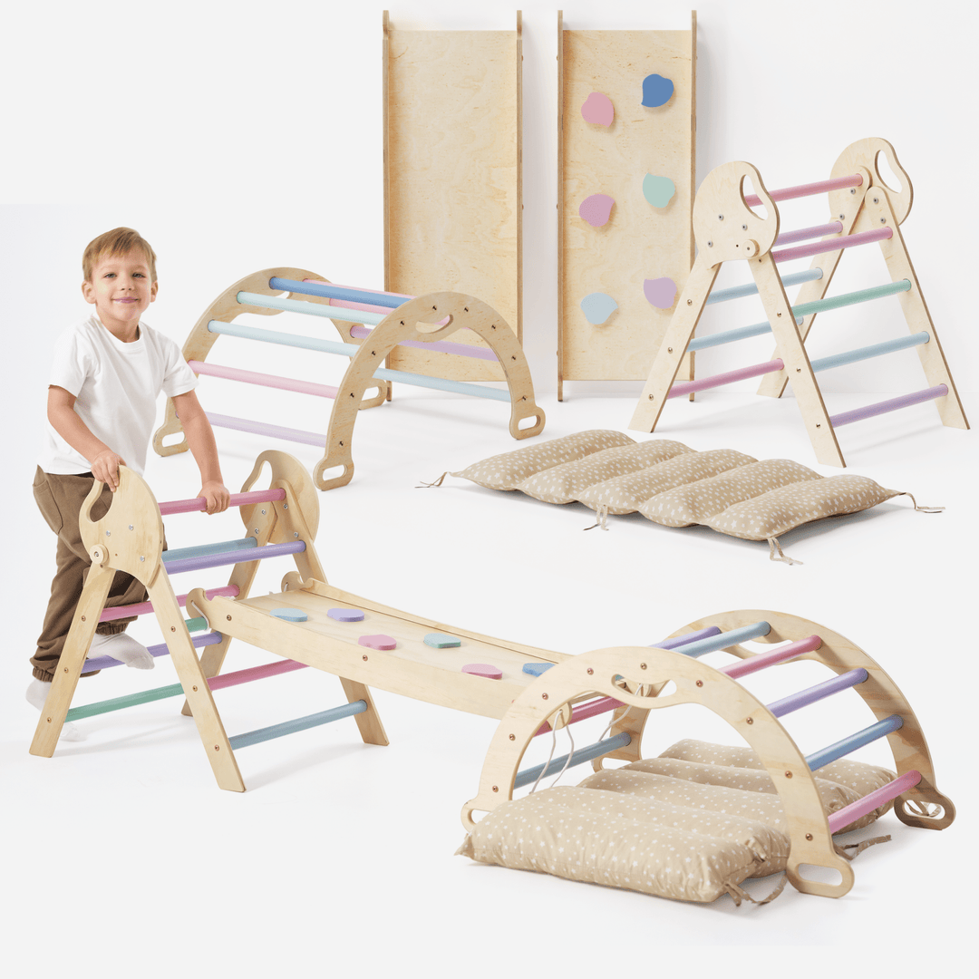 4 - in - 1 Klimset voor Peuters: Driehoek Ladder + Klimboog + Glijbaan + Kussen (1 - 3 jaar) - Pastel - Goodevas NL