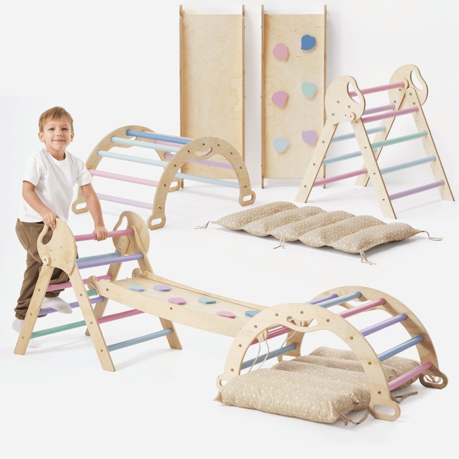 4 - in - 1 Klimset voor Peuters: Driehoek Ladder + Klimboog + Glijbaan + Kussen (1 - 3 jaar) - Pastel - Goodevas NL