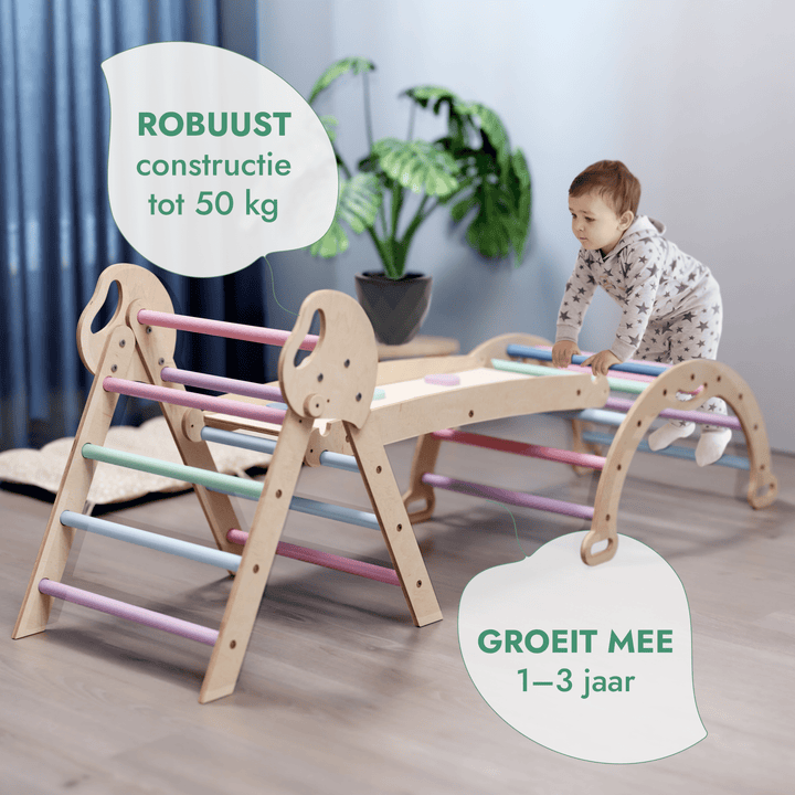 4 - in - 1 Klimset voor Peuters: Driehoek Ladder + Klimboog + Glijbaan + Kussen (1 - 3 jaar) - Pastel - Goodevas NL