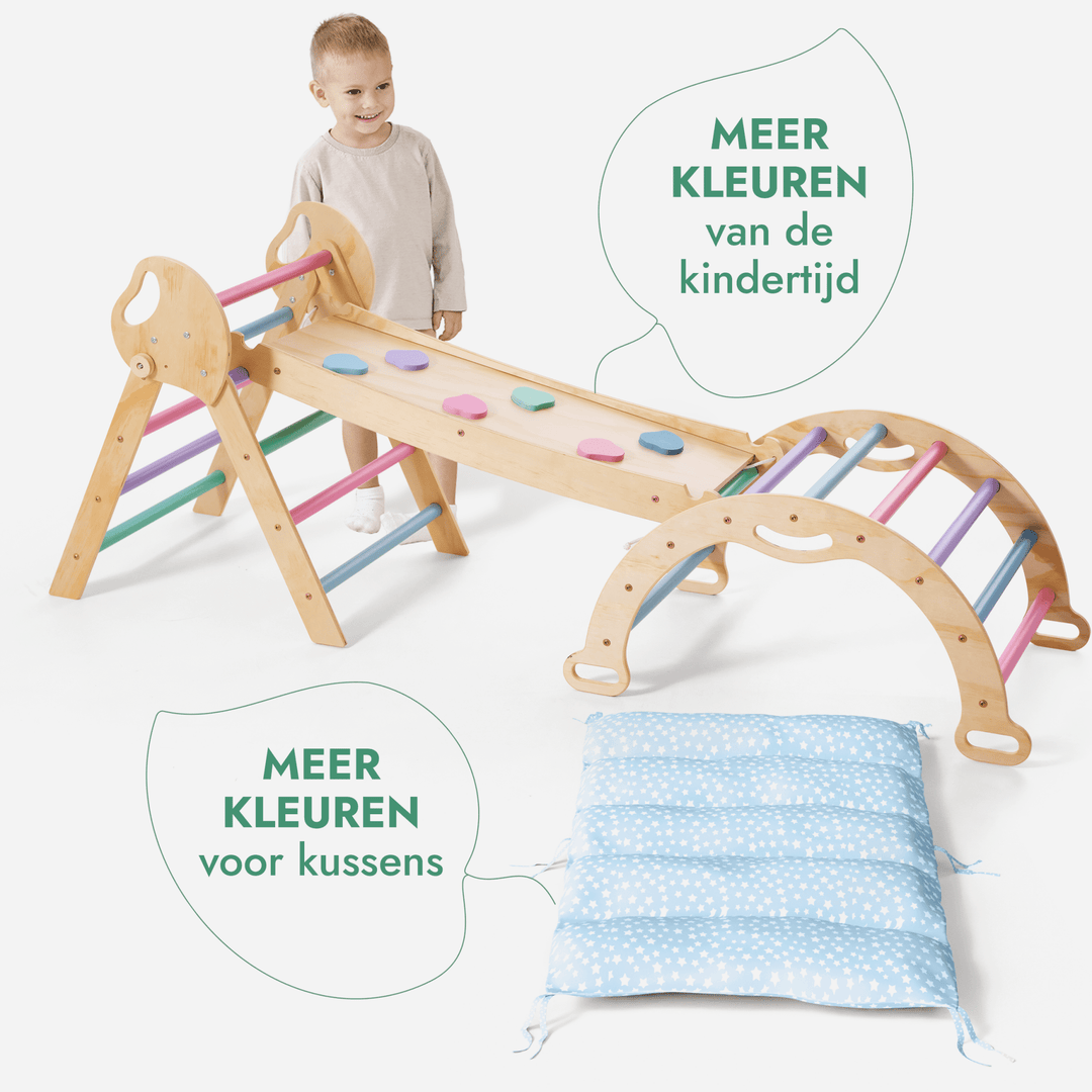 4 - in - 1 Klimset voor Peuters: Driehoek Ladder + Klimboog + Glijbaan + Kussen (1 - 3 jaar) - Pastel - Goodevas NL