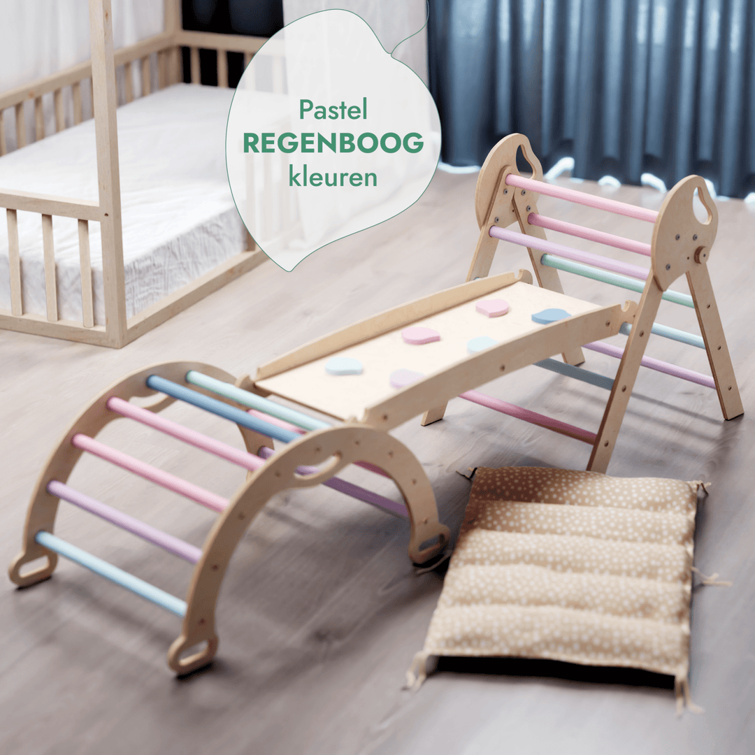 4 - in - 1 Klimset voor Peuters: Driehoek Ladder + Klimboog + Glijbaan + Kussen (1 - 3 jaar) - Pastel - Goodevas NL