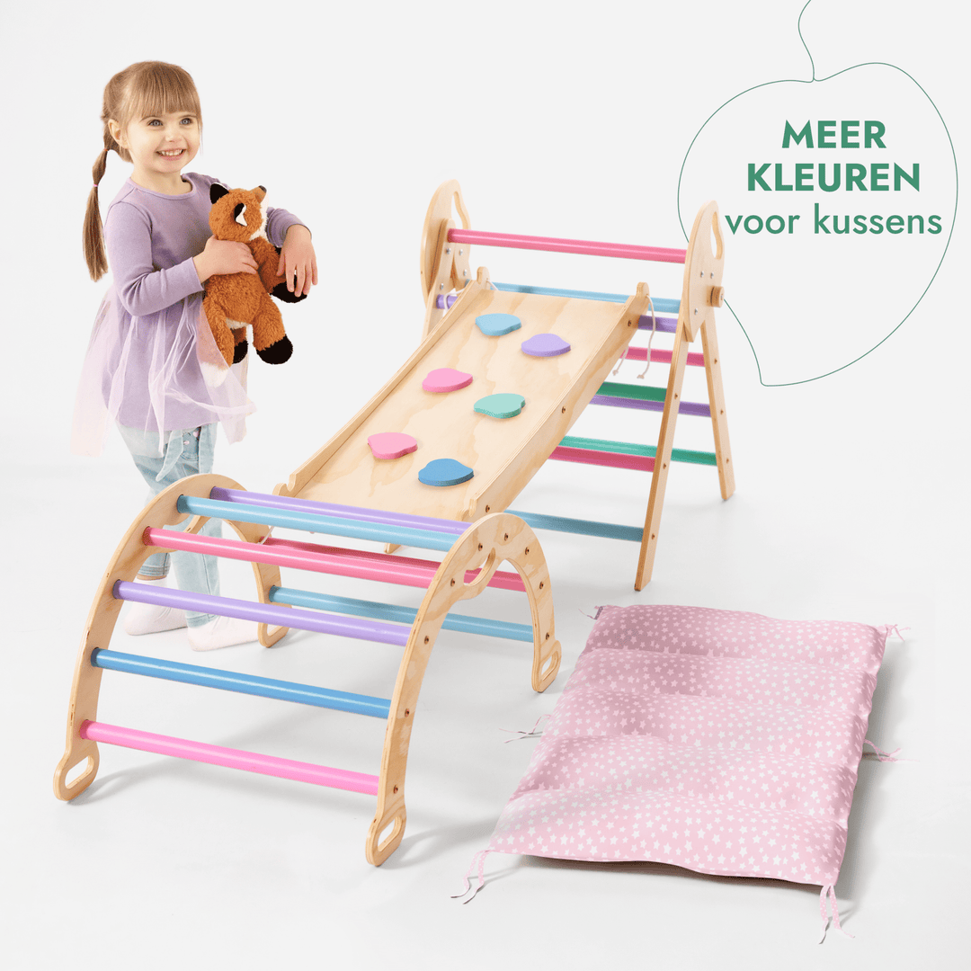 4 - in - 1 Klimset voor Peuters: Driehoek Ladder + Klimboog + Glijbaan + Kussen (1 - 3 jaar) - Pastel - Goodevas NL