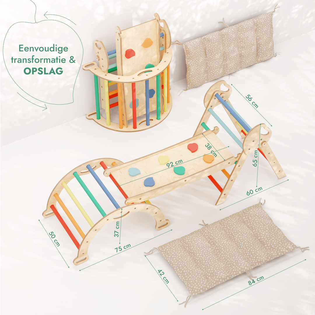 4 - in - 1 Klimset voor Peuters: Driehoek Ladder + Klimboog + Glijbaan + Kussen (1 - 3 jaar) - Regenboog - Goodevas NL