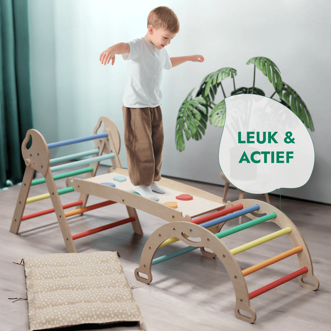 4 - in - 1 Klimset voor Peuters: Driehoek Ladder + Klimboog + Glijbaan + Kussen (1 - 3 jaar) - Regenboog - Goodevas NL
