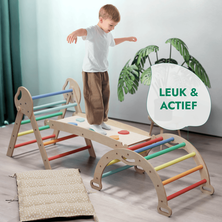 4 - in - 1 Klimset voor Peuters: Driehoek Ladder + Klimboog + Glijbaan + Kussen (1 - 3 jaar) - Regenboog - Goodevas NL