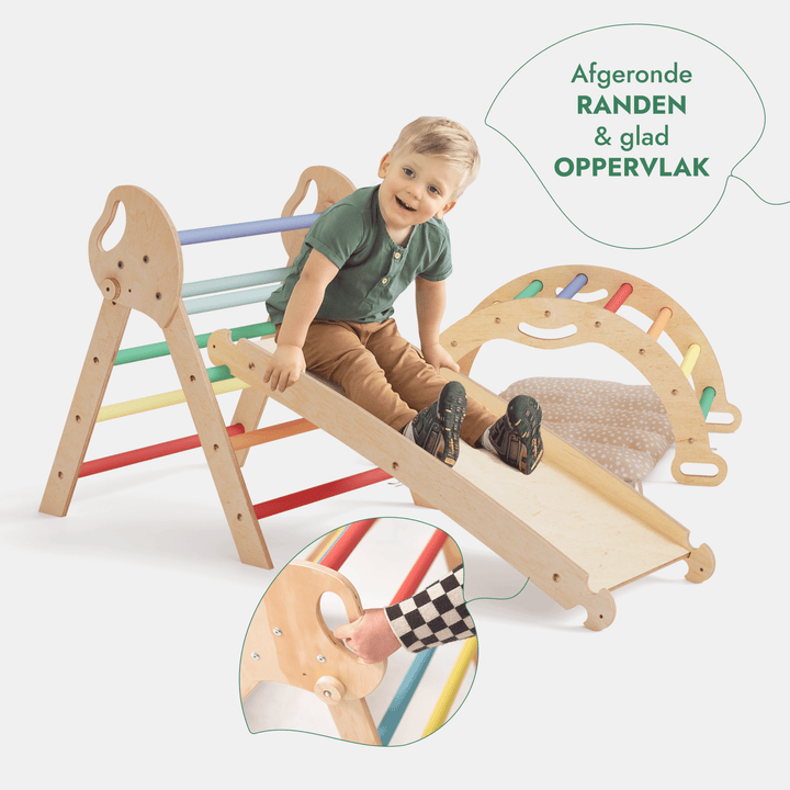 4 - in - 1 Klimset voor Peuters: Driehoek Ladder + Klimboog + Glijbaan + Kussen (1 - 3 jaar) - Regenboog - Goodevas NL