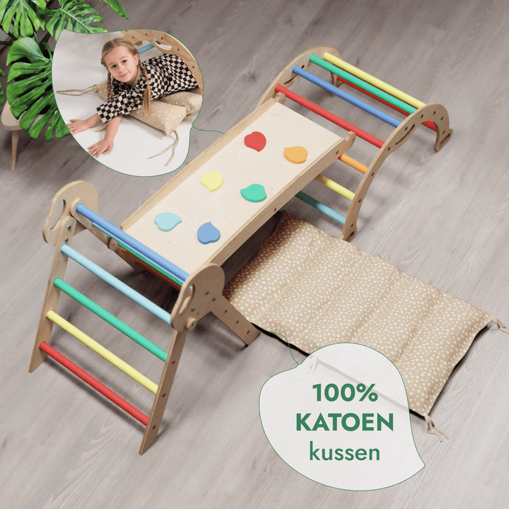 4 - in - 1 Klimset voor Peuters: Driehoek Ladder + Klimboog + Glijbaan + Kussen (1 - 3 jaar) - Regenboog - Goodevas NL