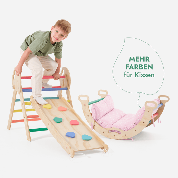 4 - in - 1 Klimset voor Peuters: Driehoek Ladder + Klimboog + Glijbaan + Kussen (1 - 3 jaar) - Regenboog - Goodevas NL