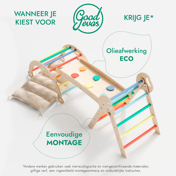4 - in - 1 Klimset voor Peuters: Driehoek Ladder + Klimboog + Glijbaan + Kussen (1 - 3 jaar) - Regenboog - Goodevas NL