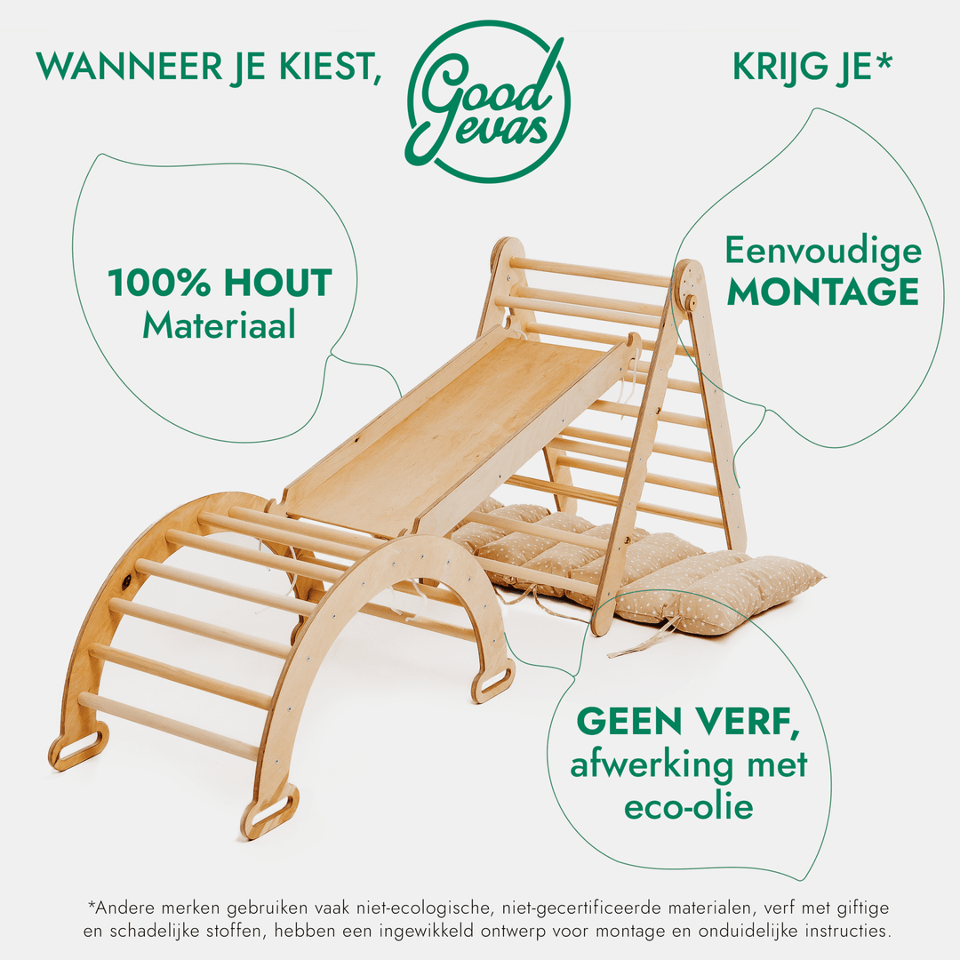 4 - in - 1 Montessori - Klimrek: Driehoek Ladder + Klimboog + Glijbaan + Kussen Beige - Goodevas NL